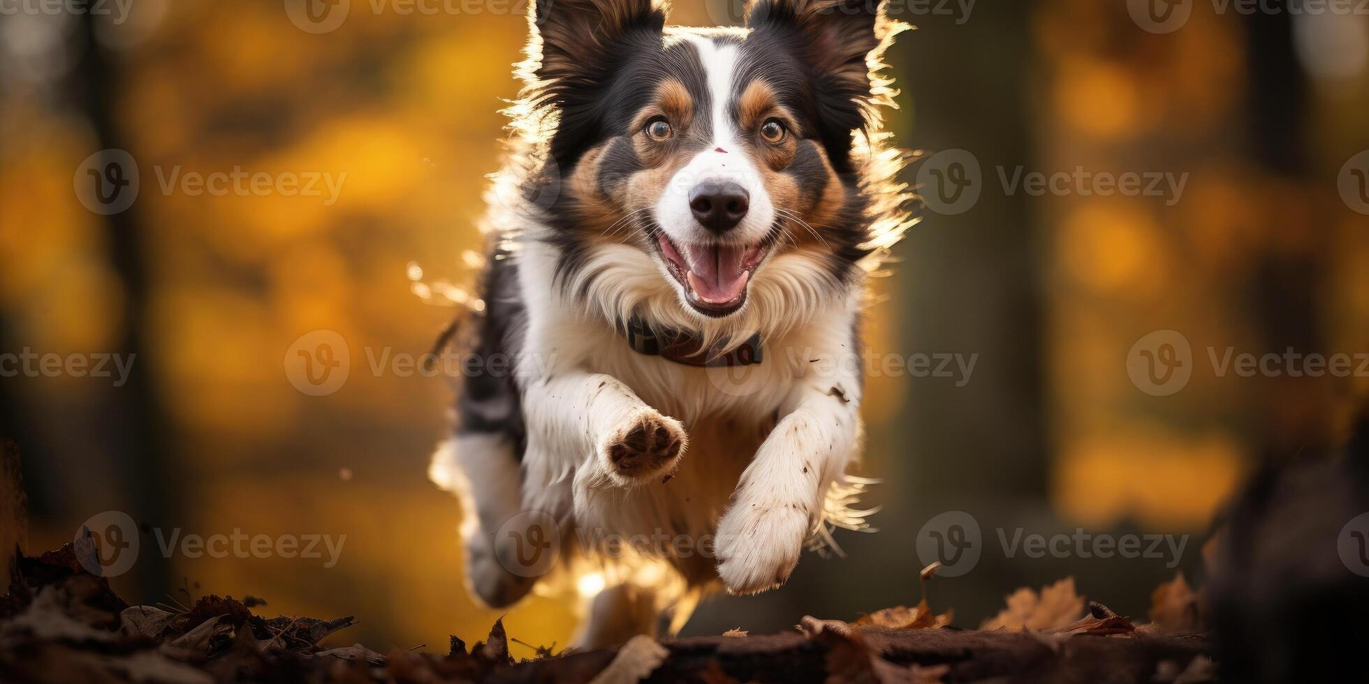 ai généré frontière colley chiens dans une sauter dans le l'automne forêt. génératif ai photo