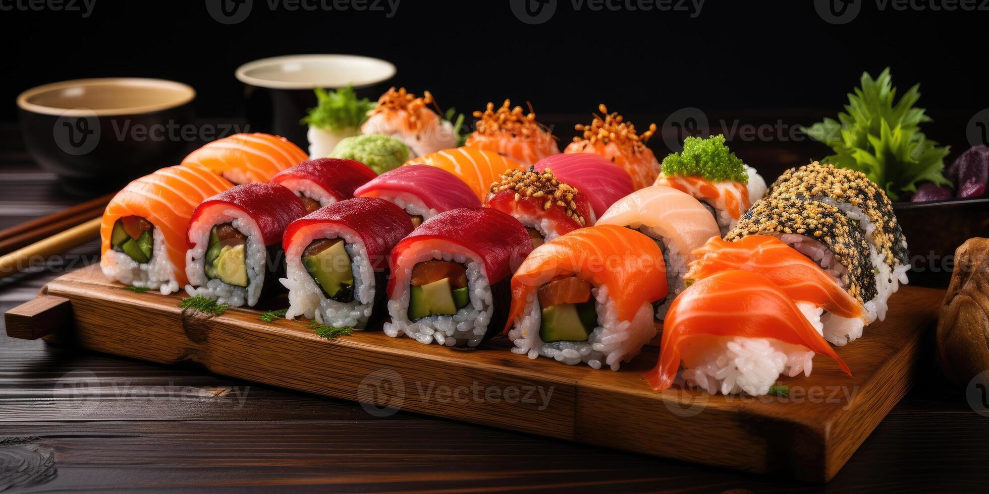 ai généré assorti Sushi et Rouleaux sur en bois planche. variété de Japonais Sushi. génératif ai photo