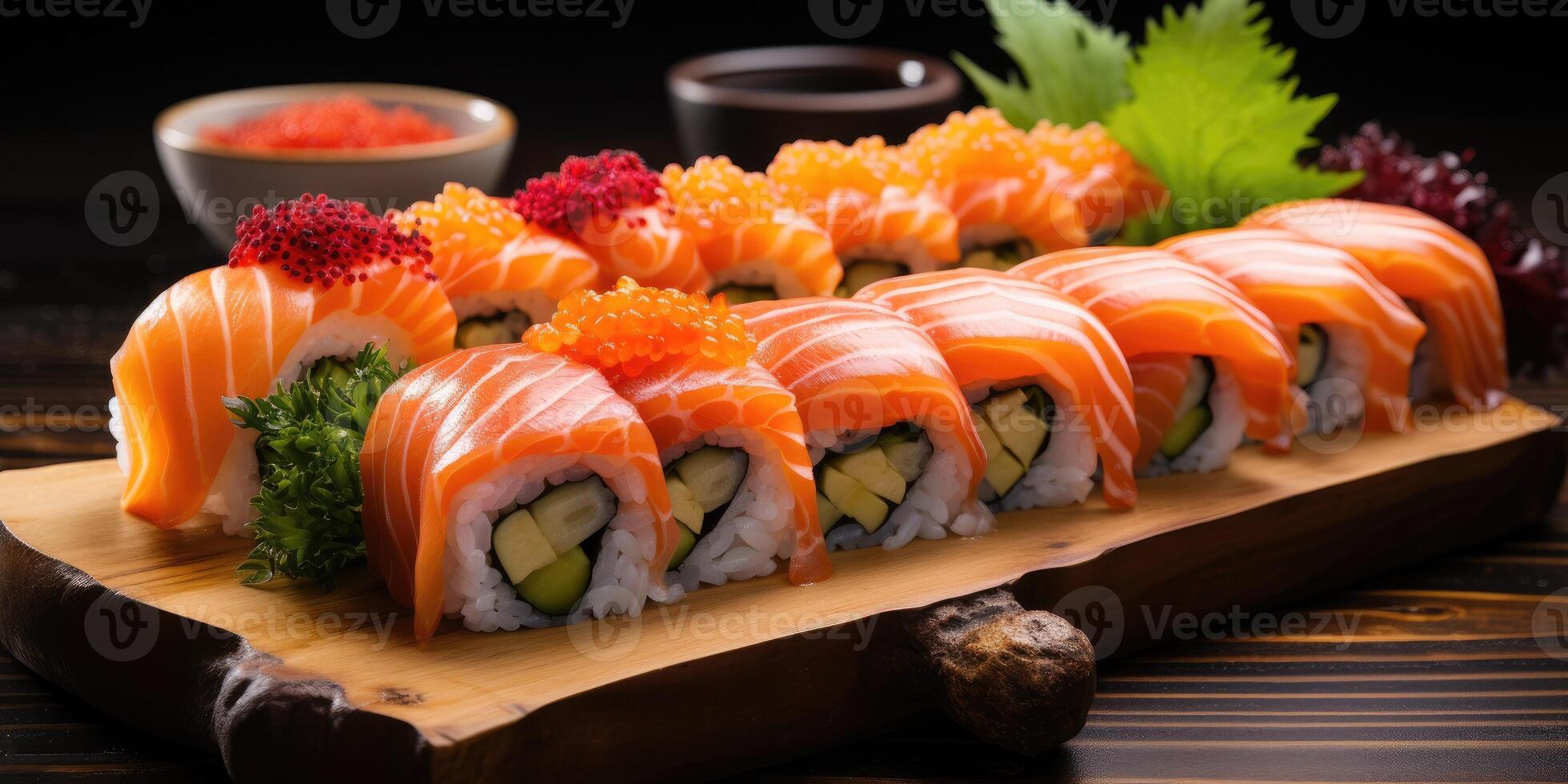 ai généré assorti Sushi et Rouleaux sur en bois planche. variété de Japonais Sushi. génératif ai photo