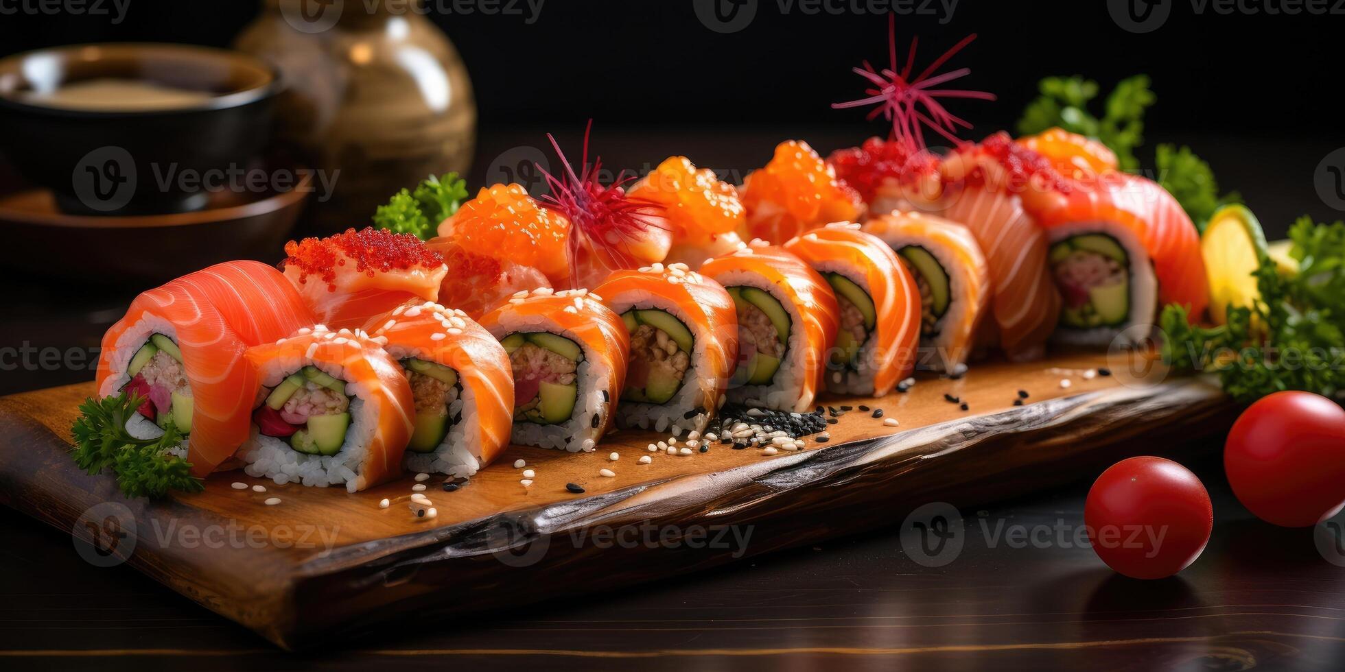 ai généré assorti Sushi et Rouleaux sur en bois planche. variété de Japonais Sushi. génératif ai photo