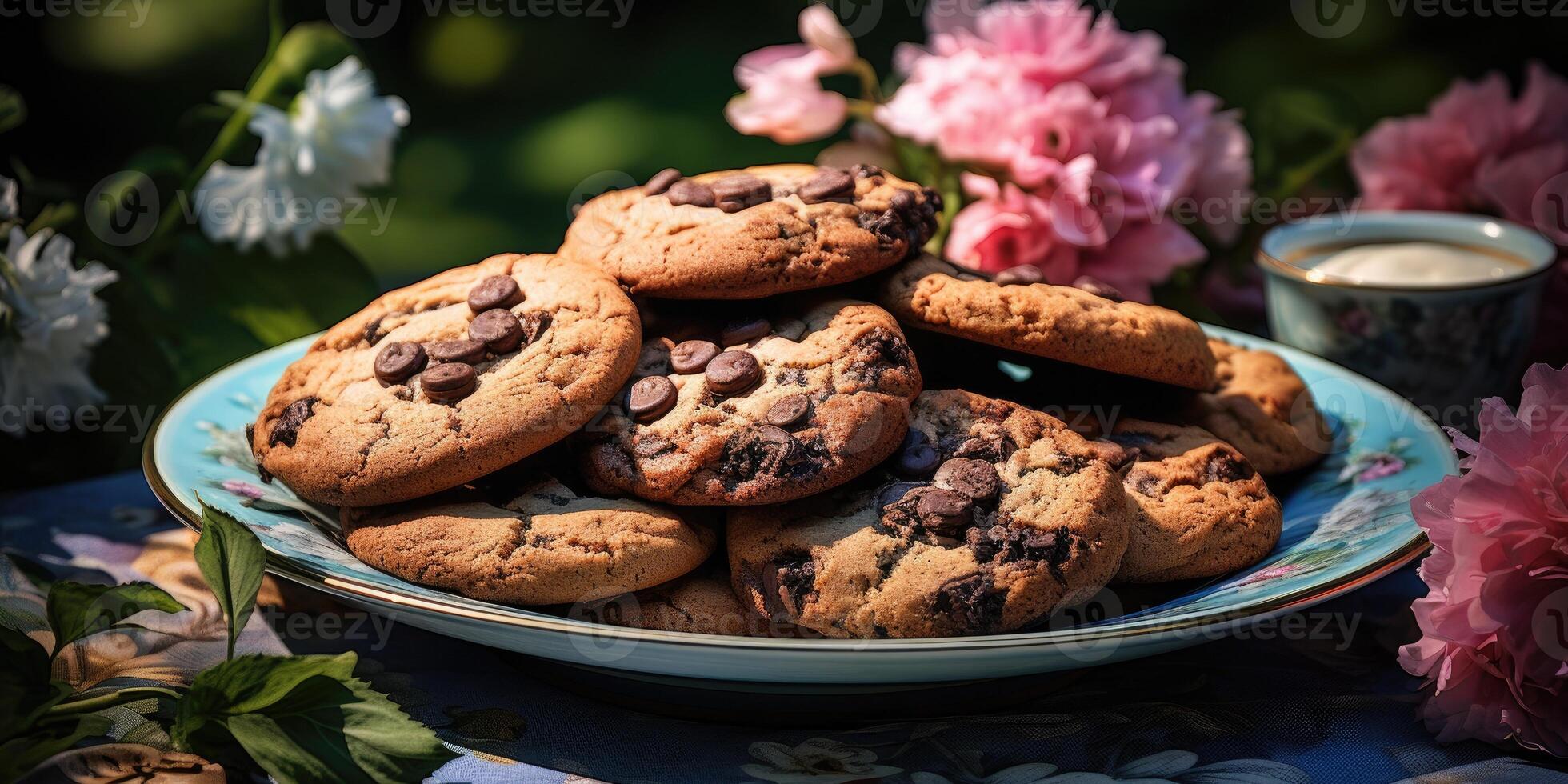 ai généré sucré biscuits avec Chocolat frites sur en bois Contexte dans une plaque. génératif ai photo