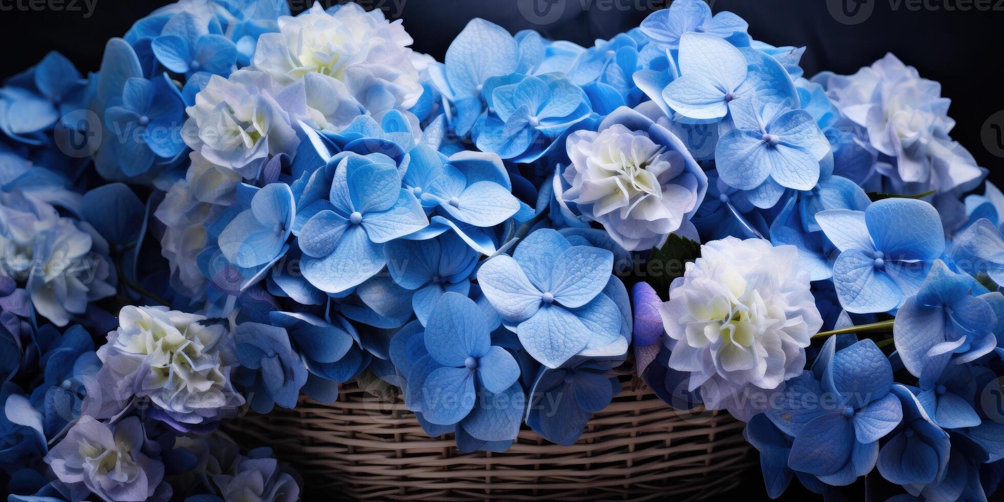 ai généré bleu hortensias dans une panier fermer, fleurs. génératif ai photo