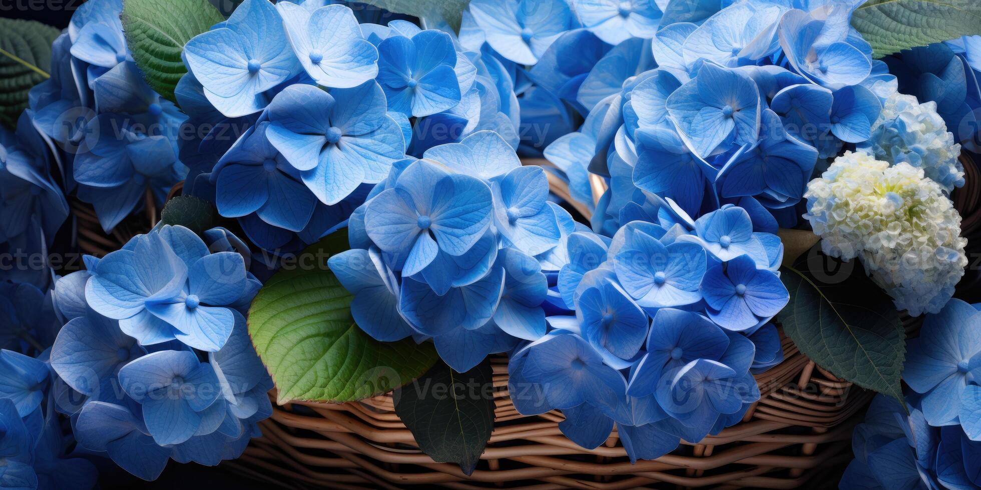 ai généré bleu hortensias dans une panier fermer, fleurs. génératif ai photo