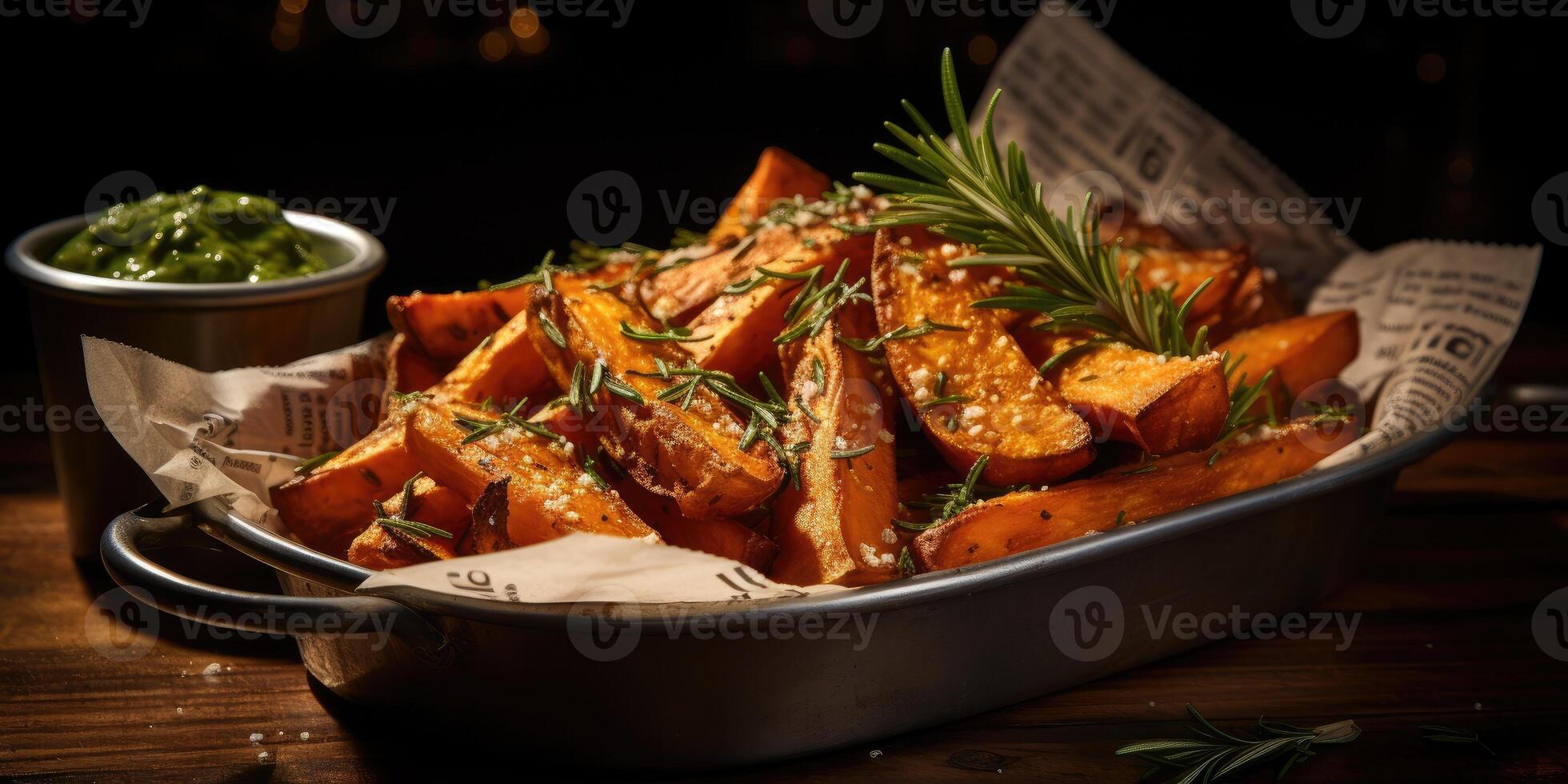 ai généré fait maison sucré patates avec herbes et épices dans une plaque, génératif ai photo