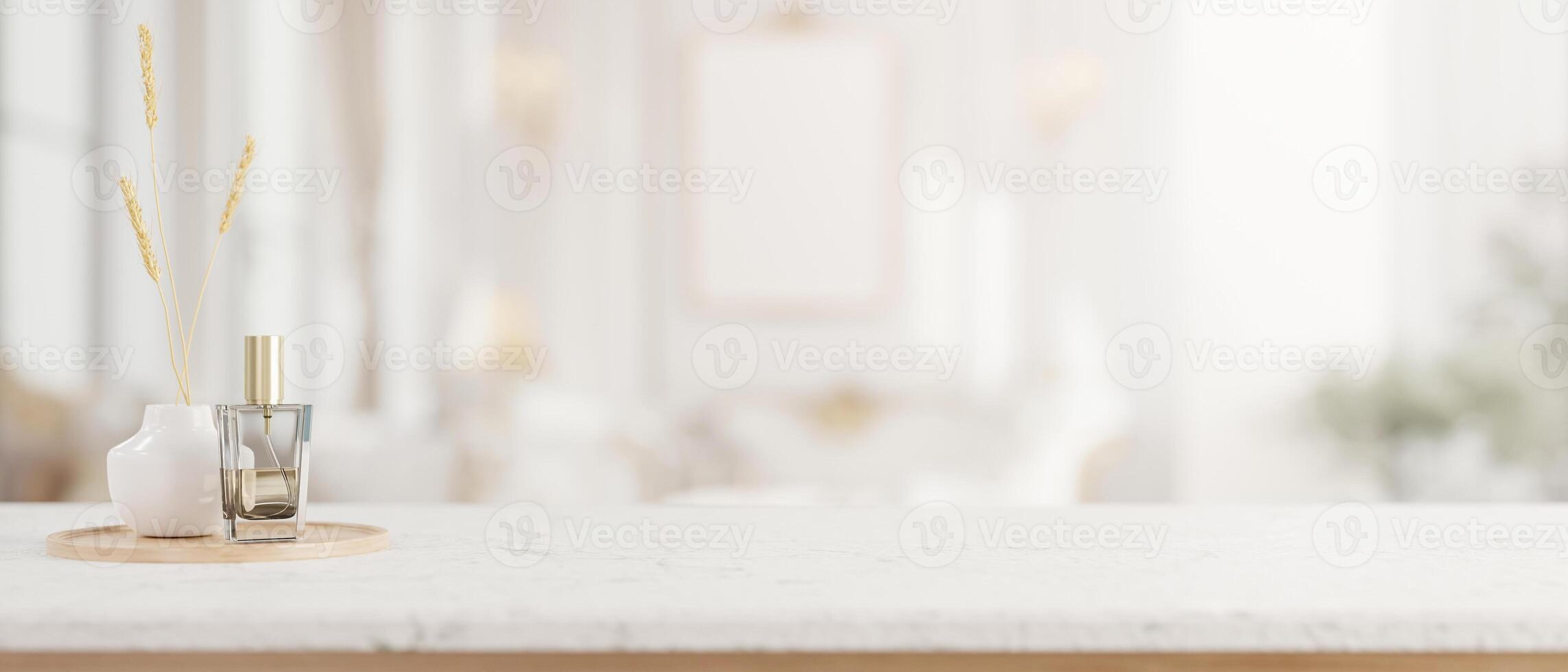 une luxueux blanc marbre dessus de la table avec une espace pour afficher des produits dans une moderne luxueux salle de bains. photo
