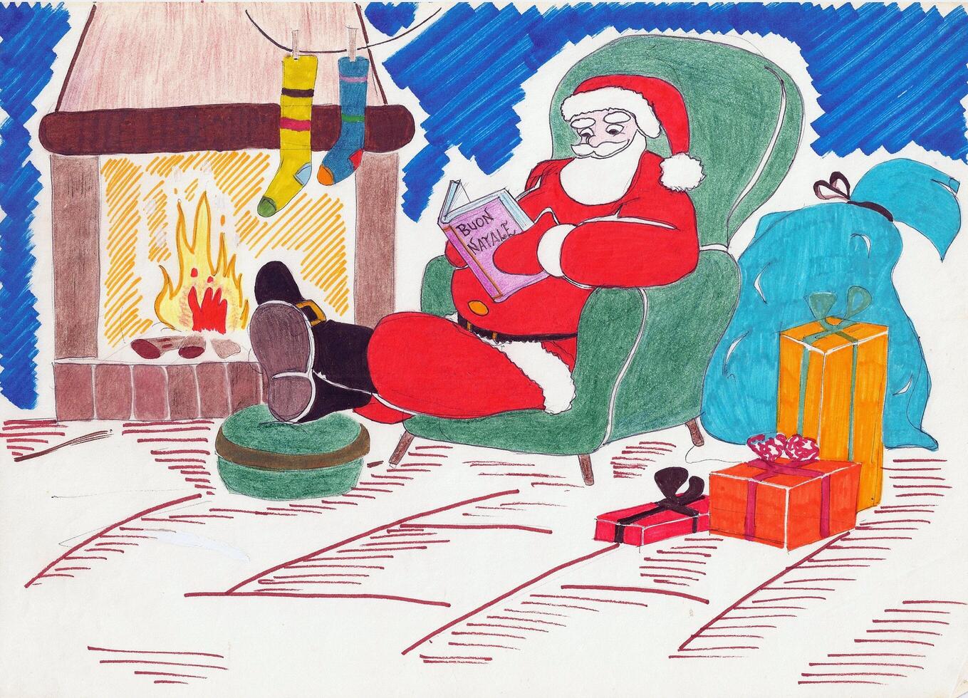 Père Noël claus est en train de lire séance dans un fauteuil photo