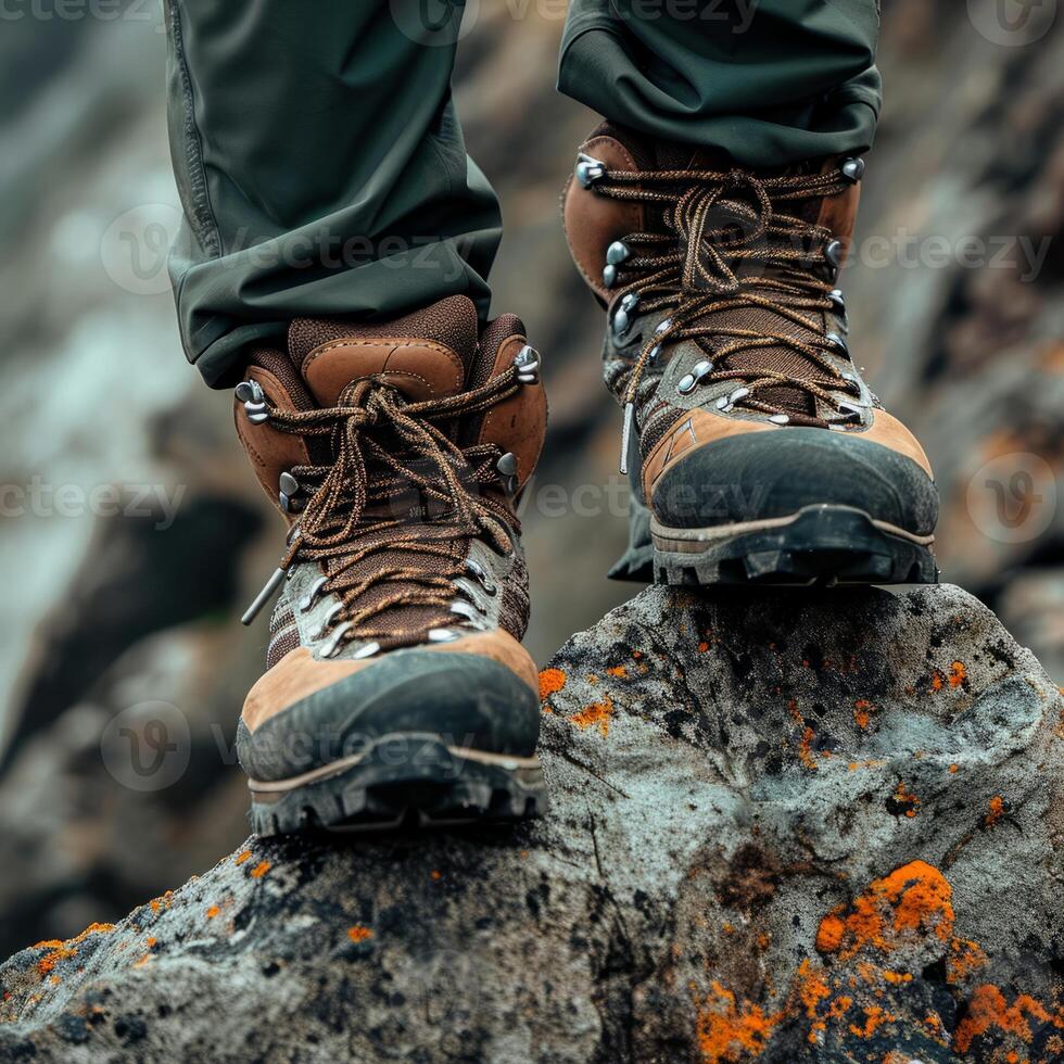 une la personne dans randonnée bottes des stands sur une Roche dans la nature photo