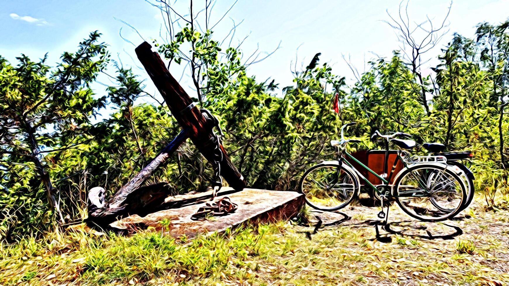 numérique La peinture style représentant deux Vélos garé près une grand ancien ancre photo