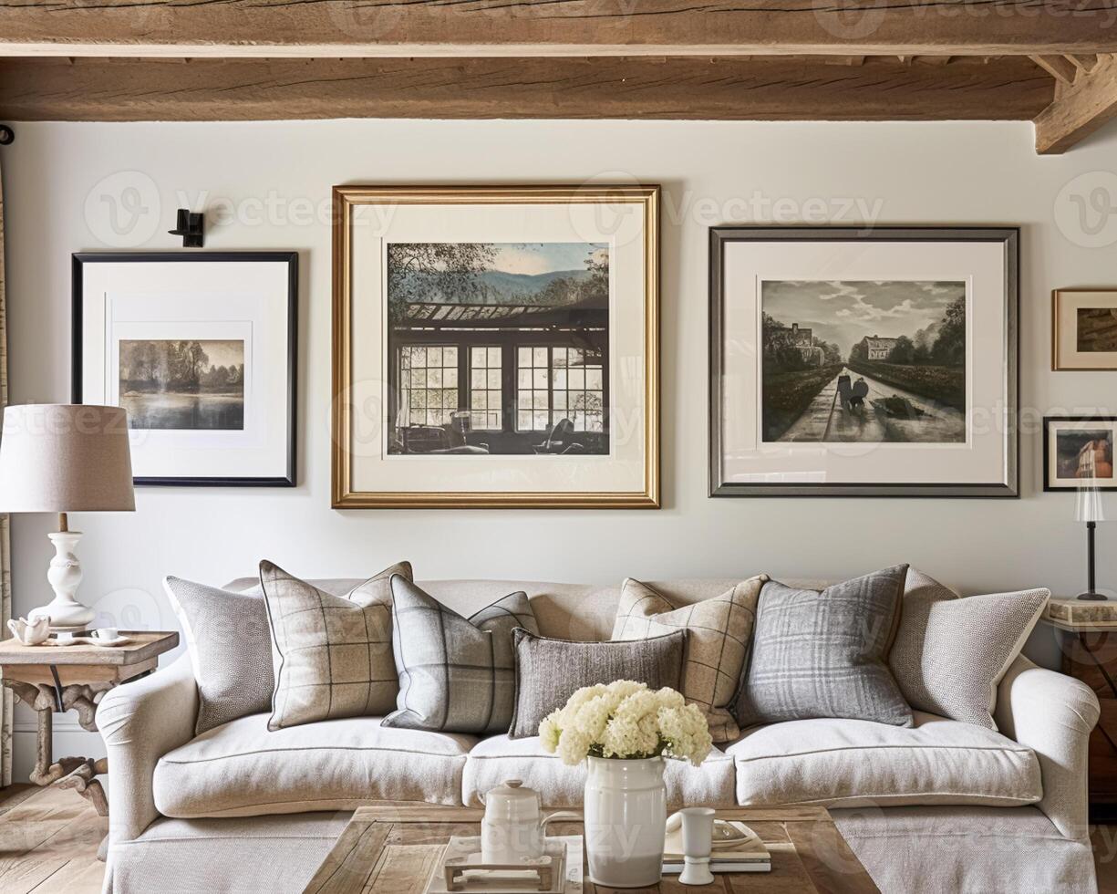 Galerie mur, Accueil décor et mur art plus de canapé, encadré art dans moderne Anglais pays chalet séance pièce intérieur, vivant pièce pour DIY imprimable ouvrages d'art et impression magasin photo