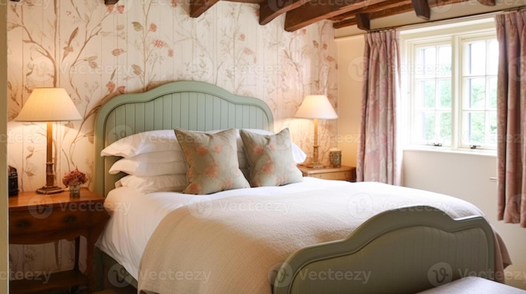 ferme chambre décor, intérieur conception et Accueil décor, lit avec pays literie et meubles, Anglais campagne loger, vacances de location et chalet style photo