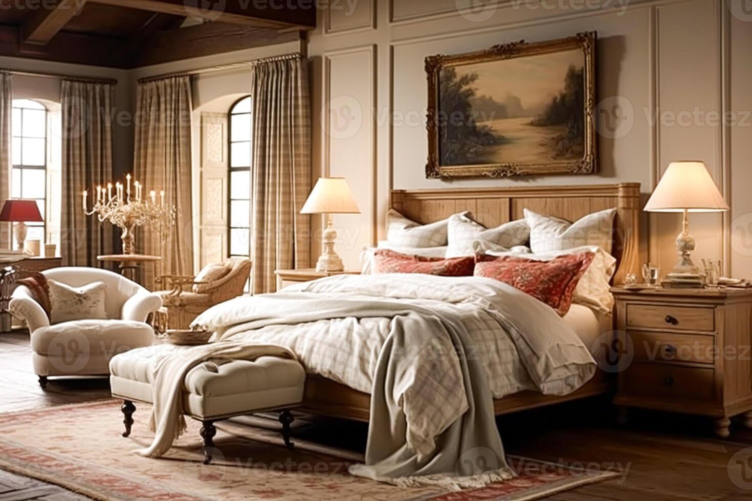 chambre décor, intérieur conception et vacances de location, classique lit avec élégant peluche literie et meubles, Anglais pays maison et chalet style photo