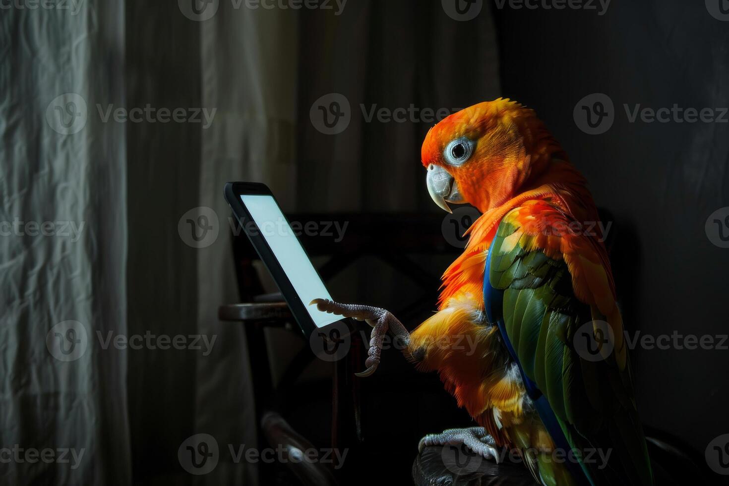 coloré perroquet regards à une téléphone intelligent dans une foncé chambre. une brillant oiseau parchemins ses alimentation sur social réseaux photo