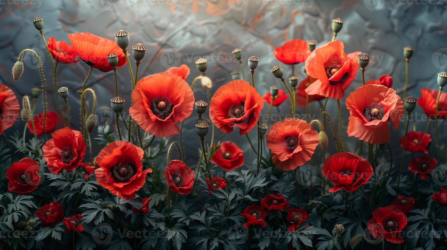 rouge coquelicot fleurs jardin sur gris béton Contexte avec copie espace et chaud Matin lumière, Mémorial journée thème photo