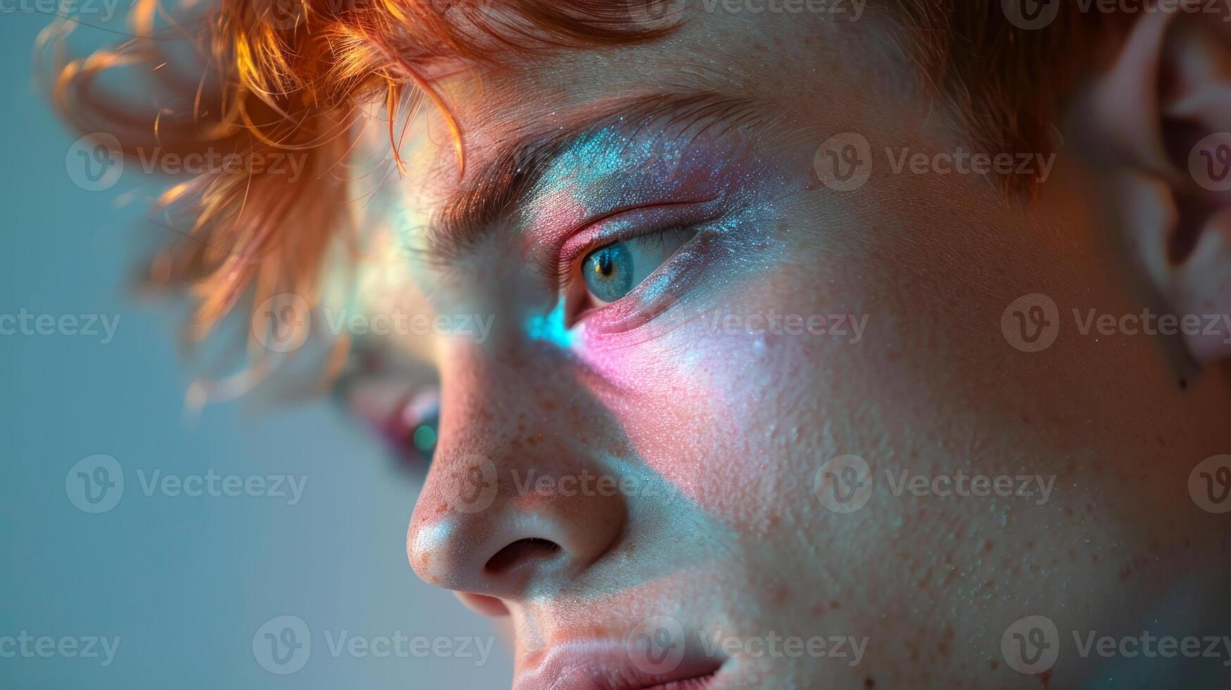 fermer de une Jeune homme avec chatoyant rose bleu violet paupières se maquiller, fierté mois thème photo