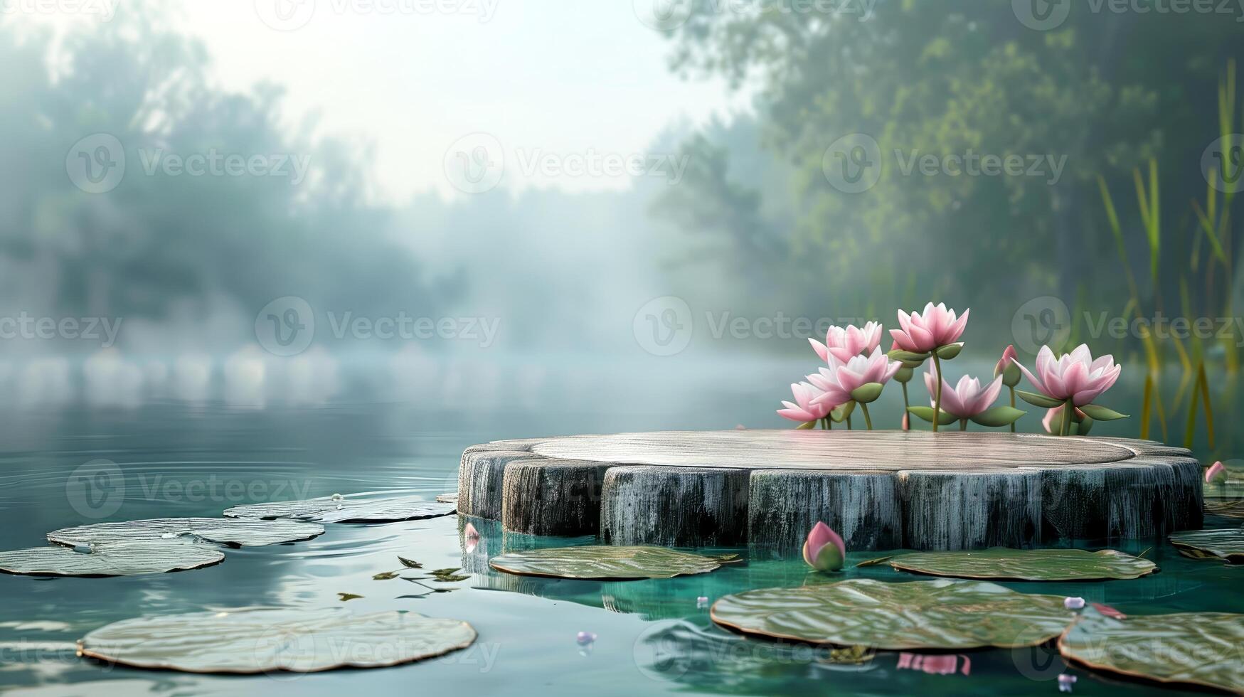 vide en bois podium à le lotus étang sur Naturel Contexte et Matin brume pour produit présentation photo