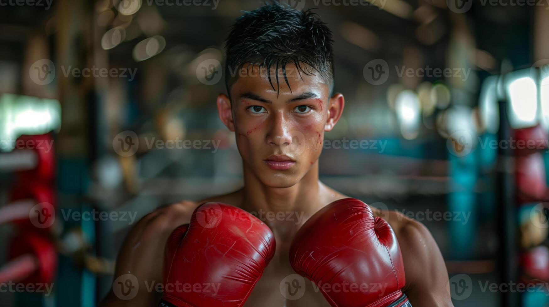 torse nu 17 ans vieux thaïlandais adolescent portant rouge boxe gants à la recherche à caméra photo