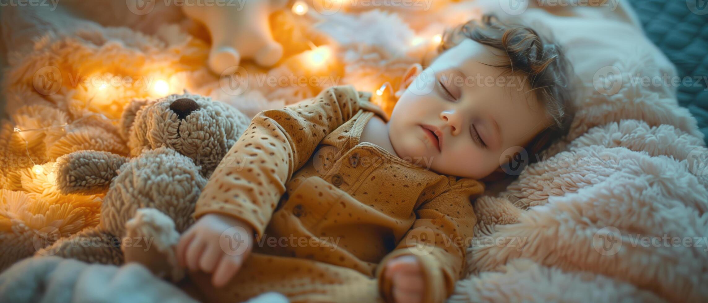 mignonne bébé garçon en train de dormir avec nounours ours jouet sur doux lit confortable chambre photo