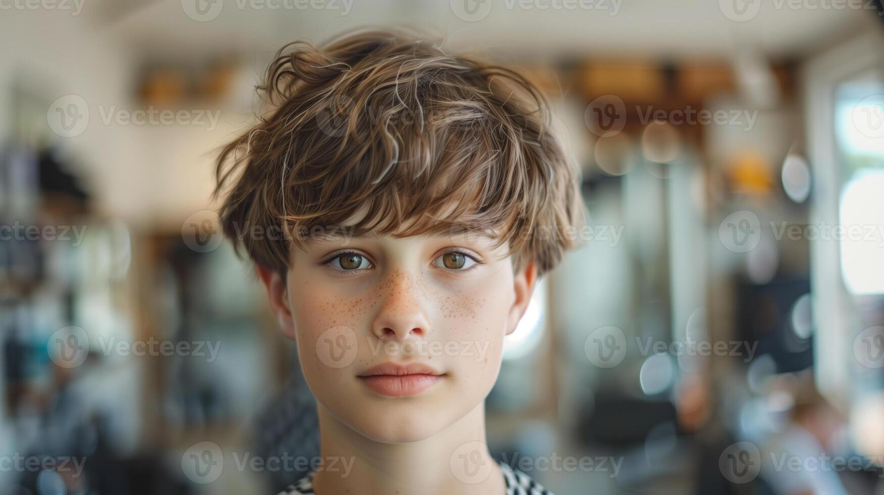 portrait os une attrayant Jeune garçon avec une moderne coiffure en dépit étant dans une salon de coiffure photo