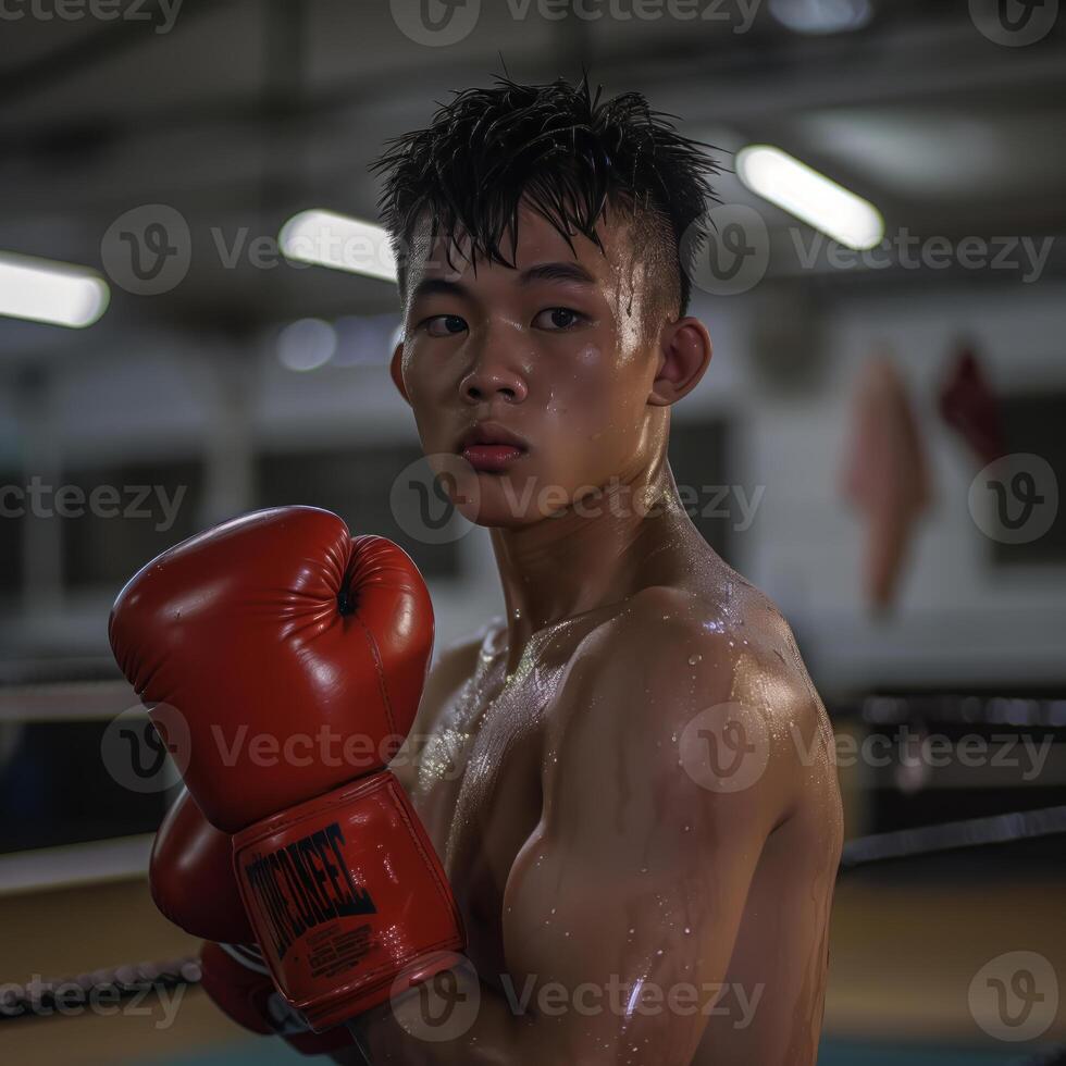 portrait de thaïlandais adolescent garçon portant rouge boxe gants boxe dans le anneau, sport photo style