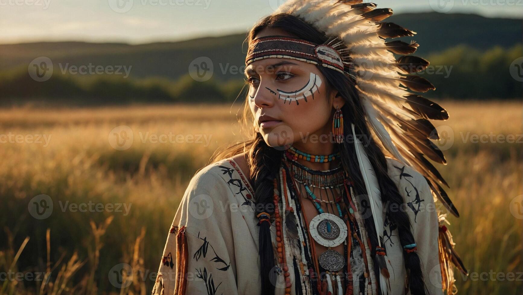 originaire de américain fille dans traditionnel robe décoratif Bandeau avec plumes détaillé visage peindre permanent dans une serein prairie entouré par grand herbe et fleurs sauvages photo