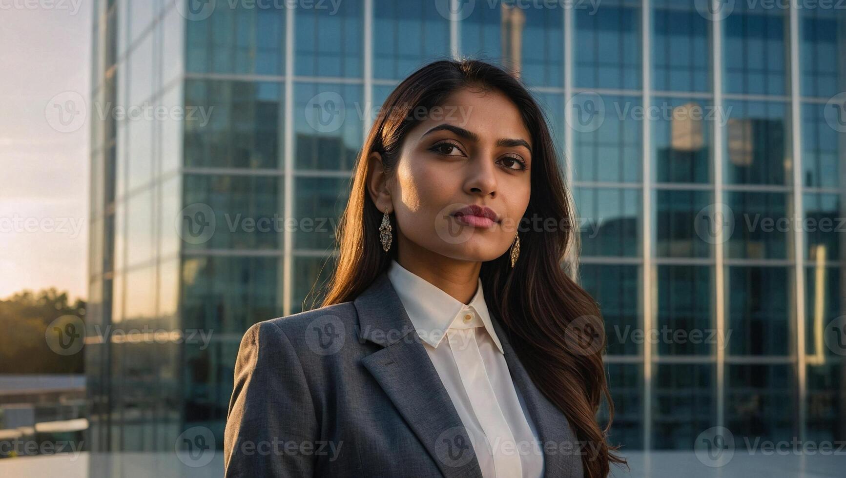 Indien femme dans une affaires costume des stands adjacent à un expansif affaires centre avec imposant verre des murs photo