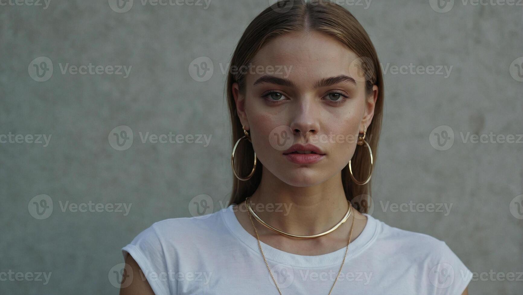 magnifique Jeune modèle fille avec cerceau des boucles d'oreilles et blanc vêtements photo