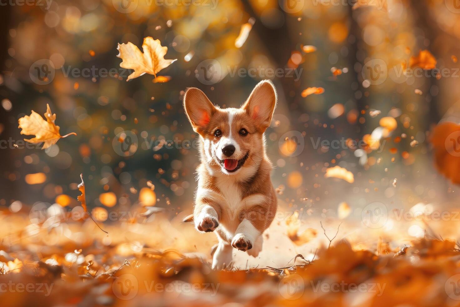 mignonne petit gallois corgi pembroke chiot fonctionnement Extérieur dans l'automne champ. content souriant chien. marrant animal de compagnie photo