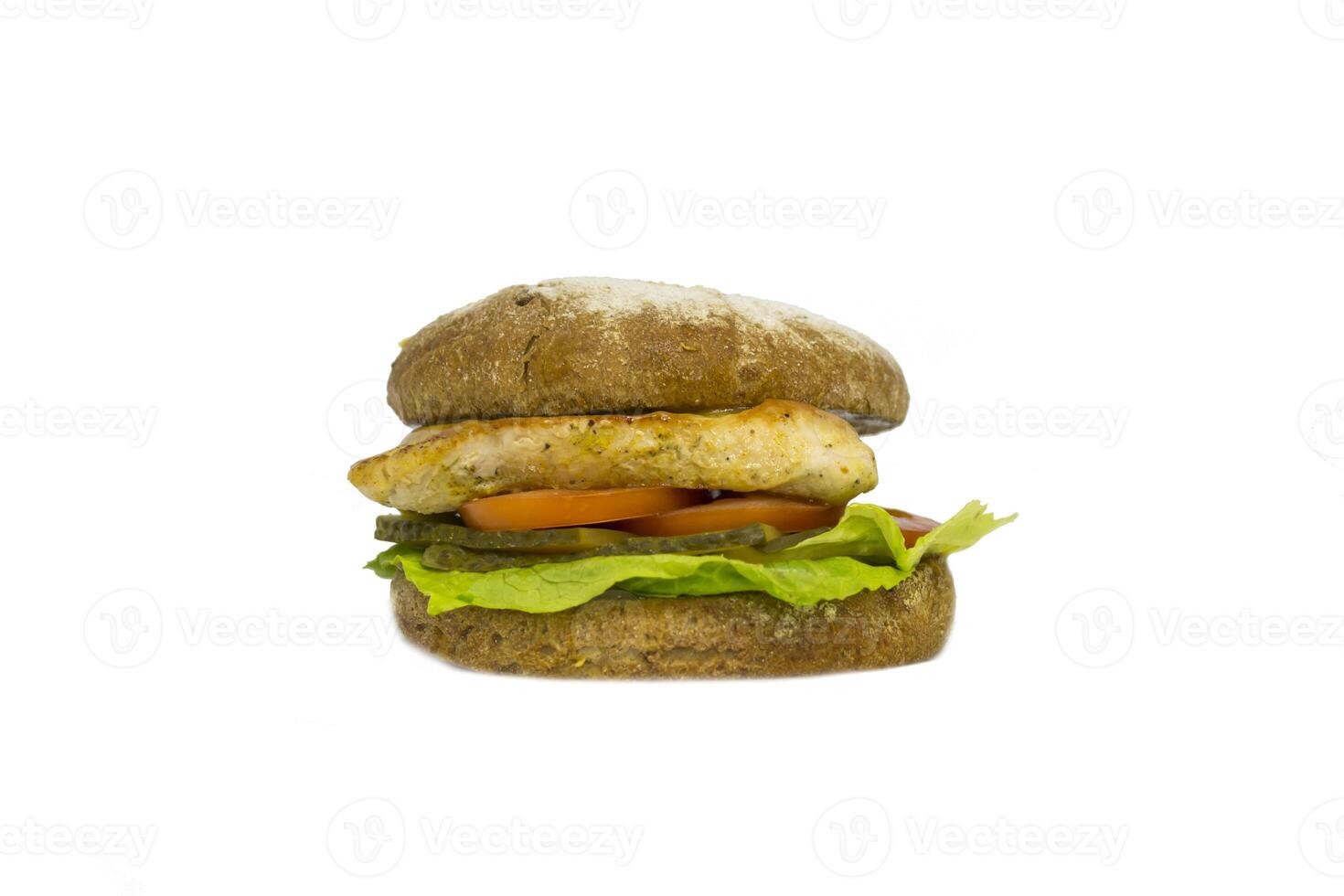 Frais Burger avec poulet et blanc chignon isolé photo