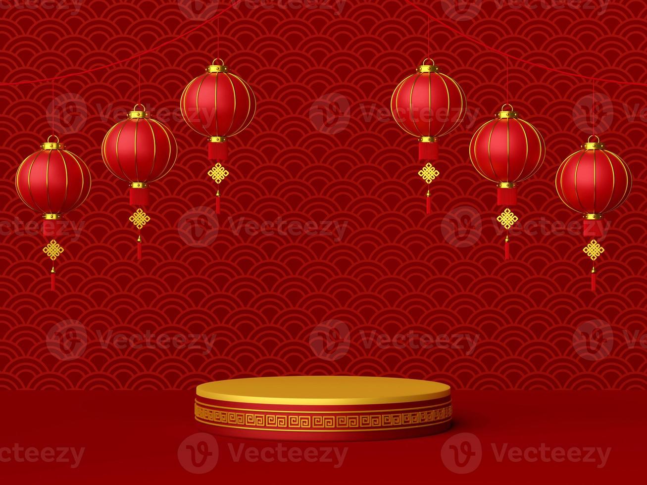 Illustration 3d du podium avec lanterne chinoise, joyeux nouvel an chinois photo