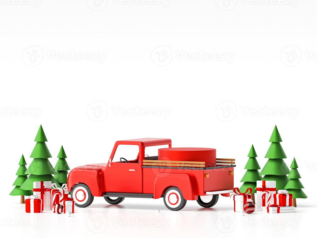 podium géométrique sur la voiture de noël avec cadeau de noël pour la publicité du produit, illustration 3d photo