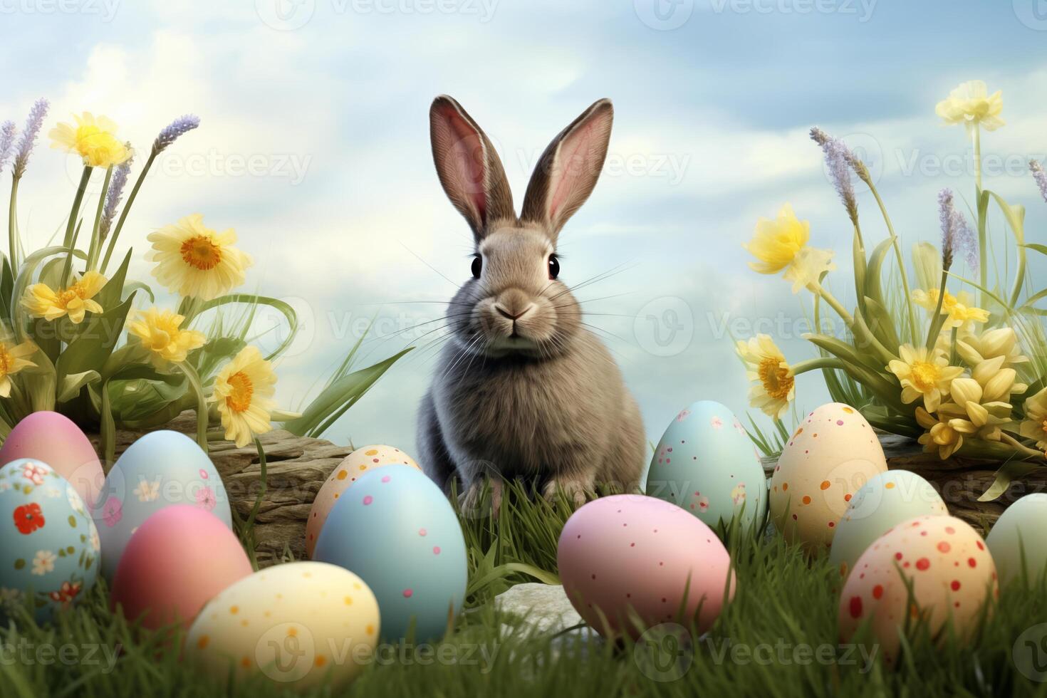 Pâques vacances fête bannière salutation carte - peint Pâques des œufs et Pâques lapin lapin sur vert Frais Prairie avec herbes et printemps fleurs photo