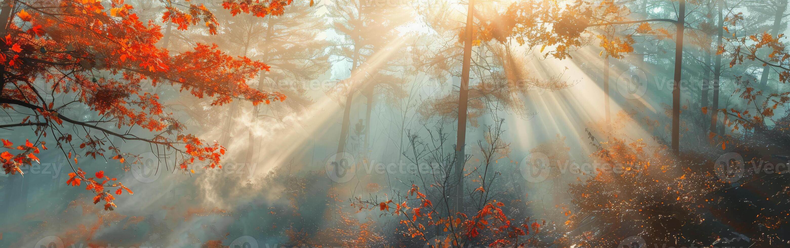 Soleil brille par des arbres dans forêt photo