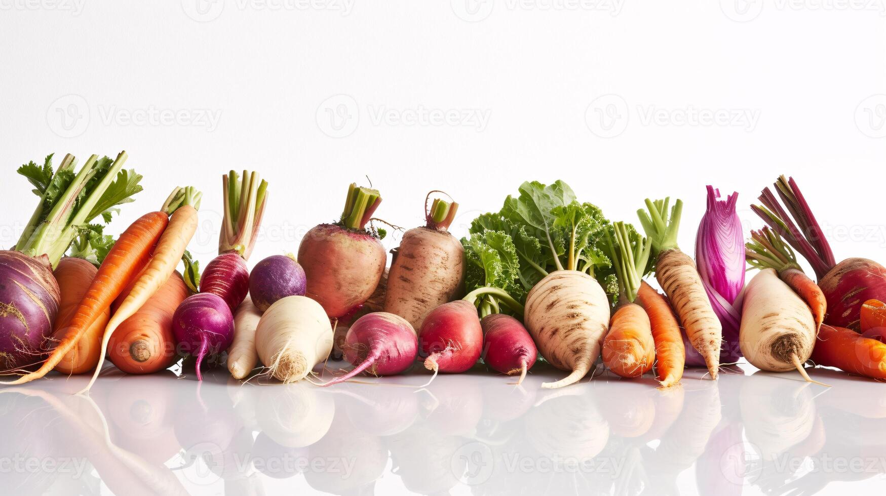 une vibrant tableau de Frais herbes et légumes, formes une captivant afficher sur le clair blanc surface. photo