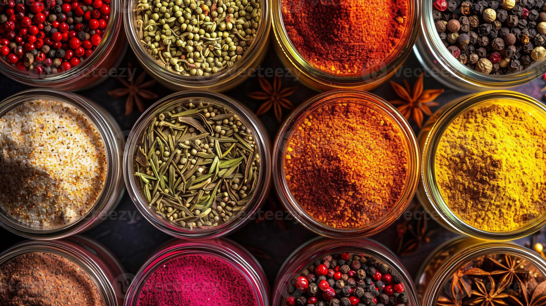 une composition de coloré italien épices dans petit verre pots formes une visuellement stimulant arrangement photo