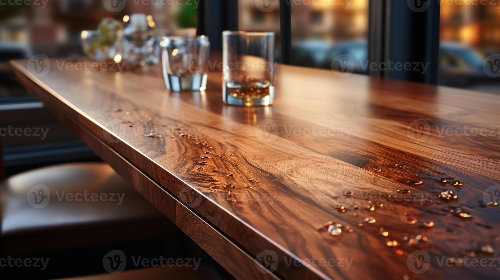 cuisine table et fenêtre avec chaud Jaune lumière du soleil photo