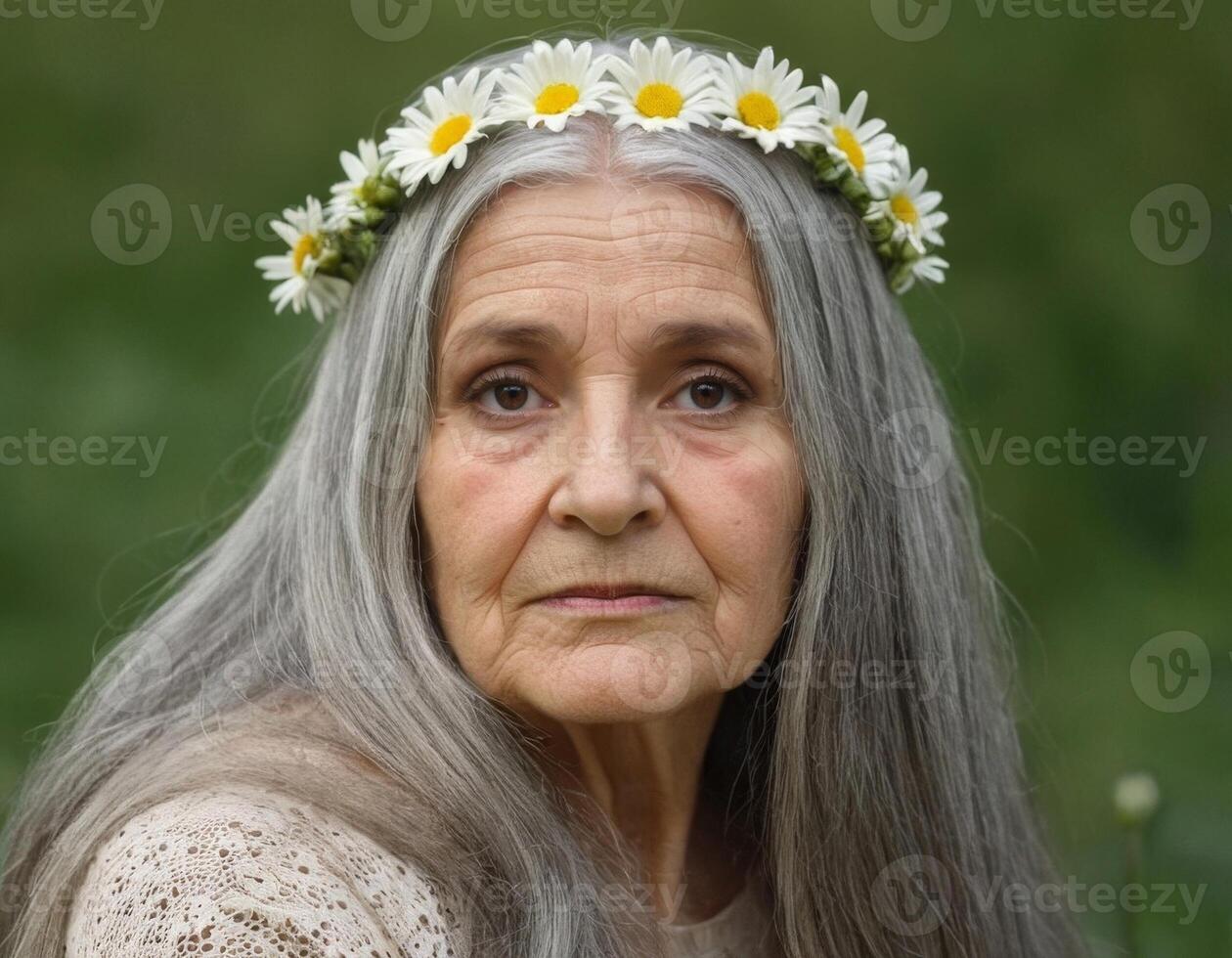 vieux femme avec une couronne de sauvage fleurs. photo