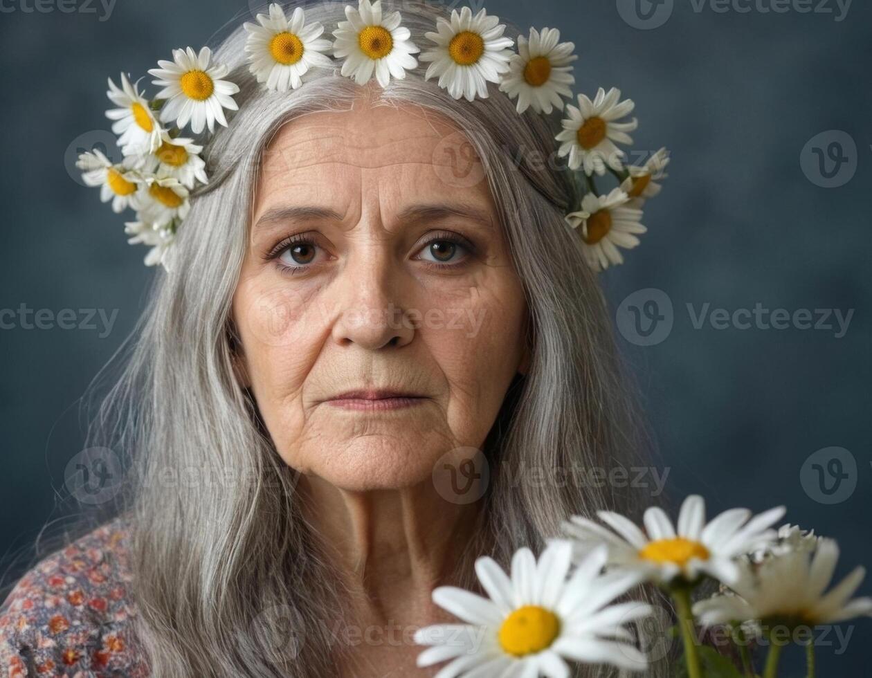 un personnes âgées femme avec marguerites. photo