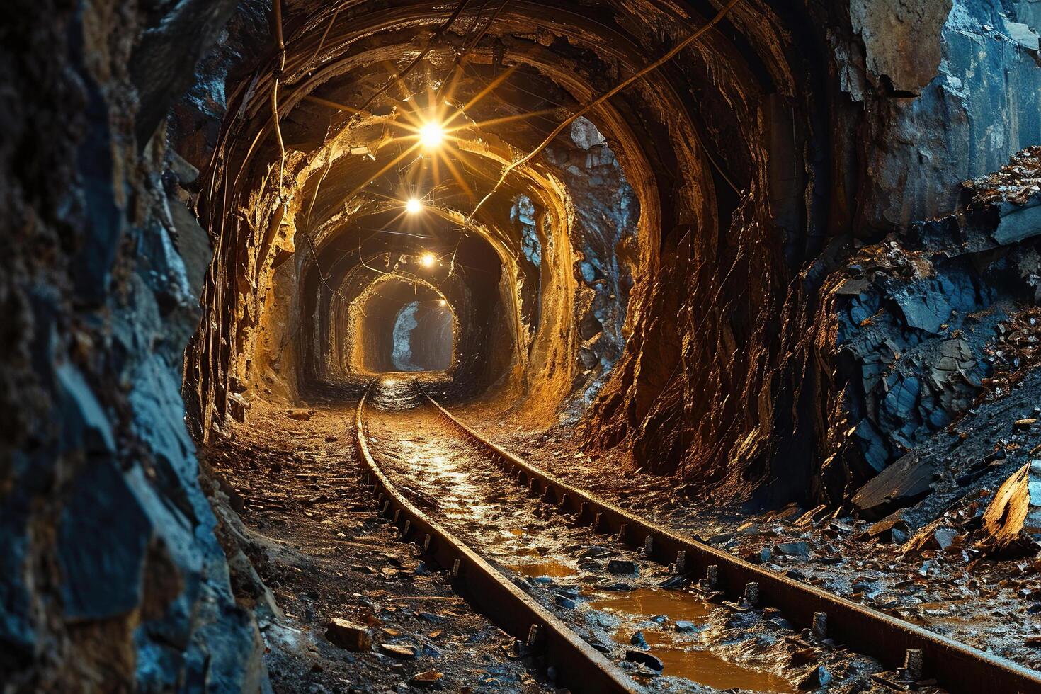 le tunnel avec le chemin de fer Piste est illuminé avec électrique ampoules. exploitation minière concept. photo