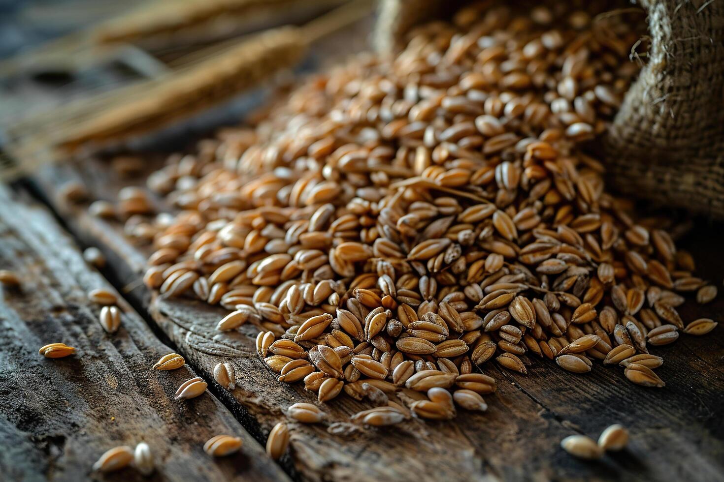 une pile de mûr sec grain sur une en bois surface. céréale récolte concept. grain pénurie. photo