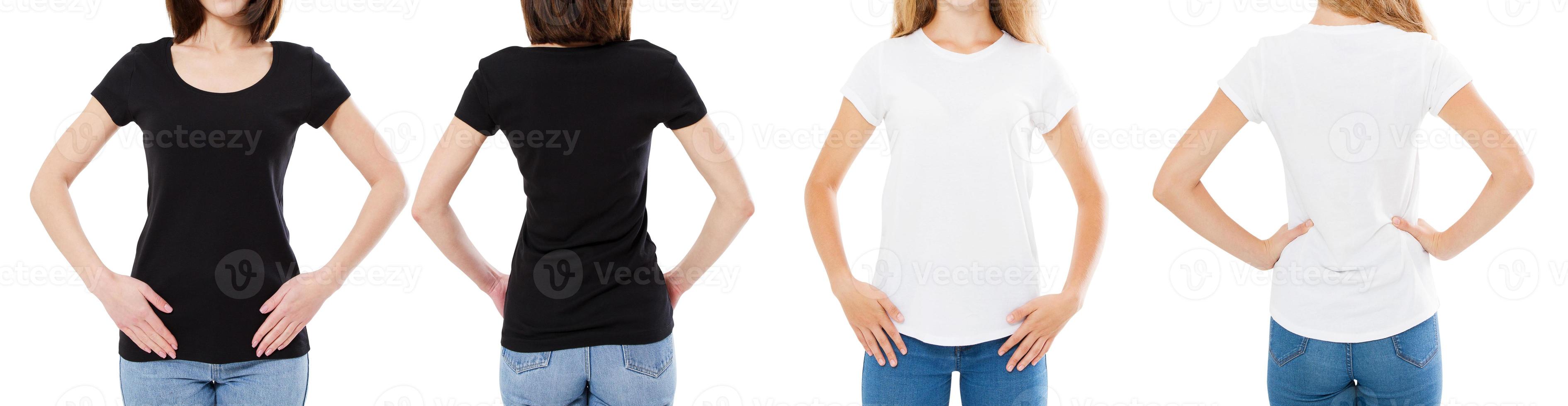 femme en t-shirt blanc et noir isolé vues avant et arrière image recadrée options de t-shirt vierge, fille en ensemble de t-shirt. maquette. conception de chemise et concept de personnes. photo