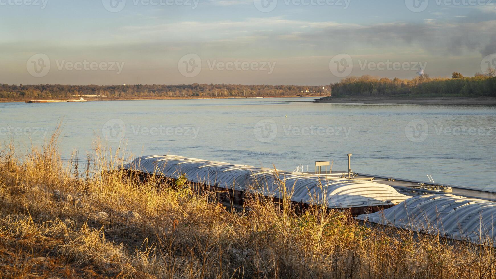 barges sur le Mississippi rivière à confluence avec le Ohio rivière au dessous de Caire, il, novembre paysage photo
