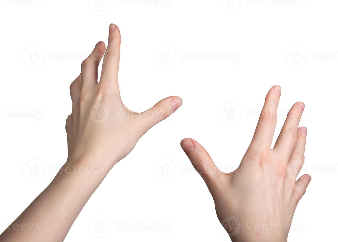 mains faire des gestes pendant vr activité, premier la personne voir, isolé sur blanc Contexte photo