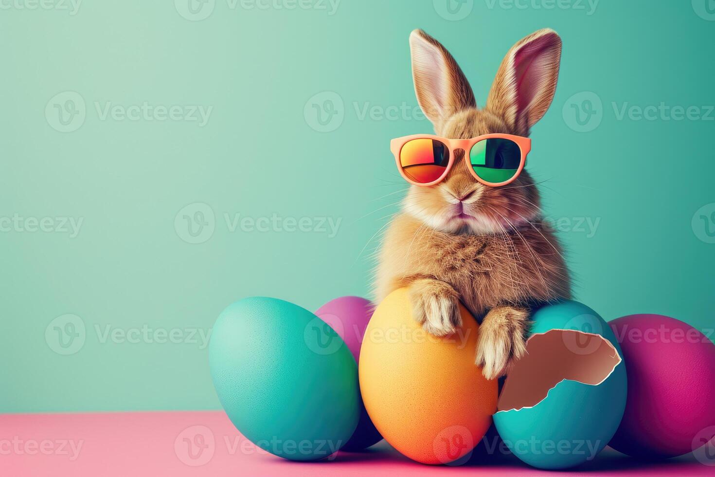 une lapin portant une des lunettes de soleil émerge de le gros Oeuf avec magnifique coloré coquilles sur une plat Couleur Contexte. photo