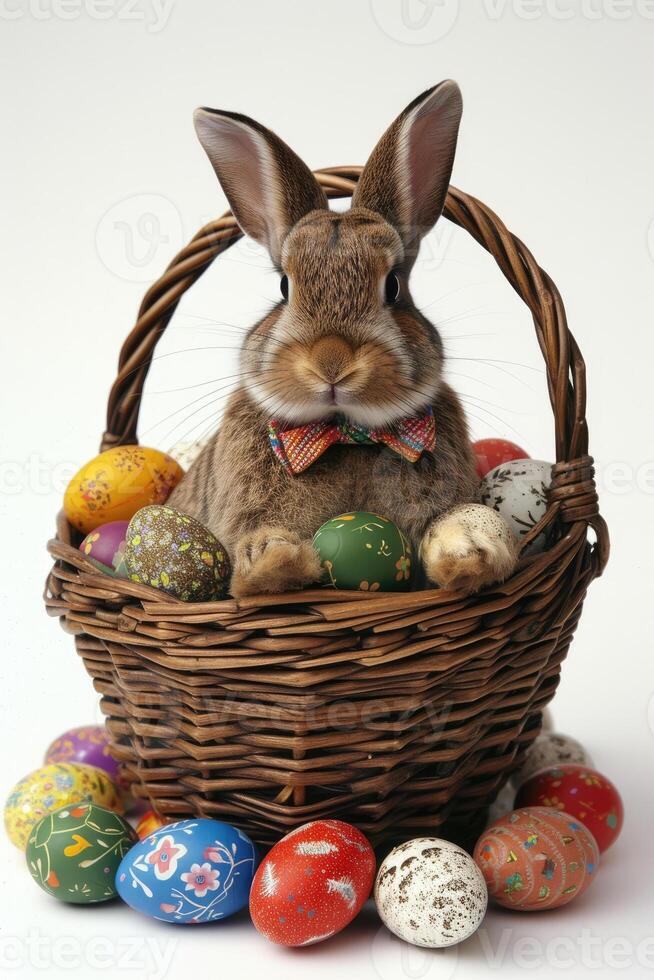 une lapin portant une chapeau et arc attacher émerge de le Oeuf avec magnifique coloré coquilles tout dans le panier sur une blanc Contexte. photo