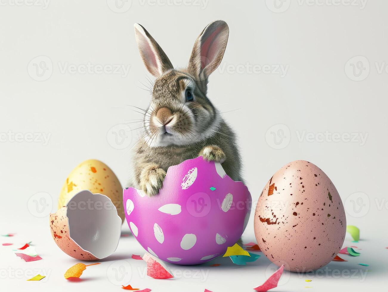 une lapin portant une mignonne chemise émerge de le gros Oeuf avec magnifique coloré coquilles sur une blanc Contexte. photo