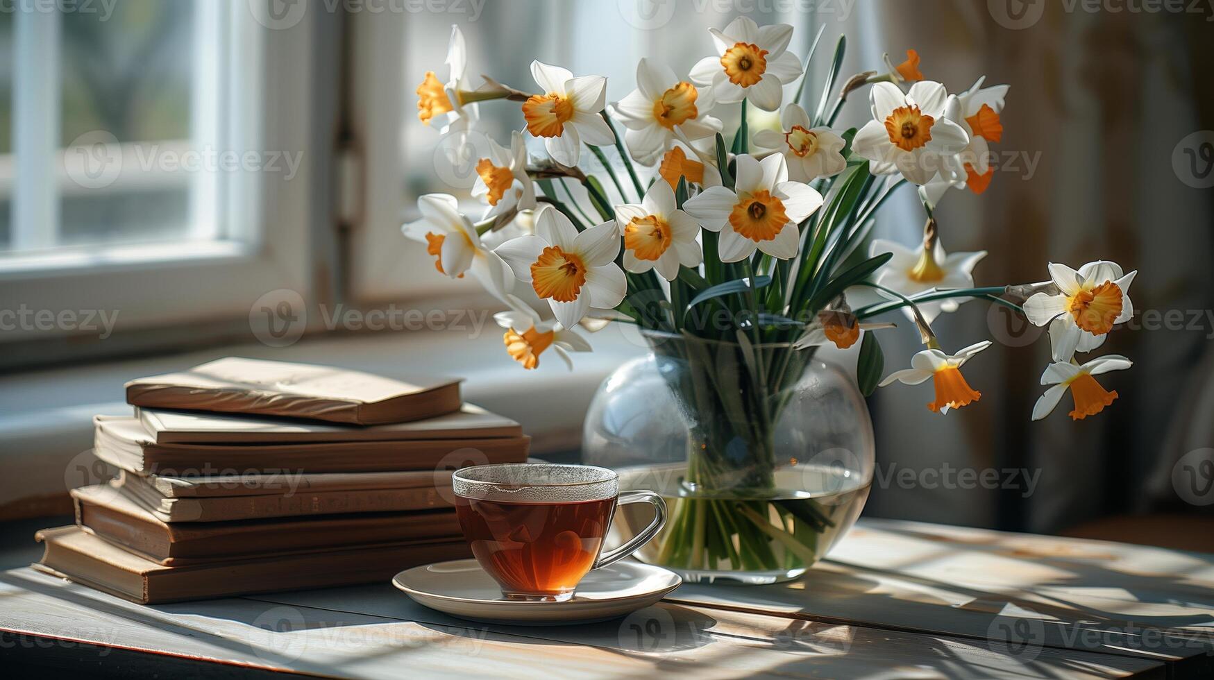 une table avec livres empilés sur il, suivant à une vase avec une grand bouquet de une narcisse fleurs, et une tasse de chaud thé. généré par artificiel intelligence. photo