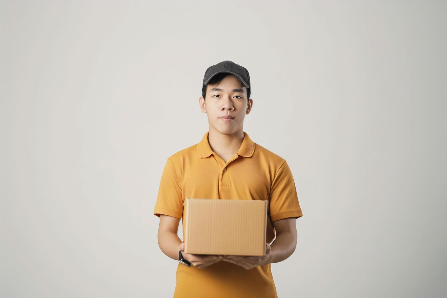 Asie livraison homme en portant papier carton des boites, livraison homme photo