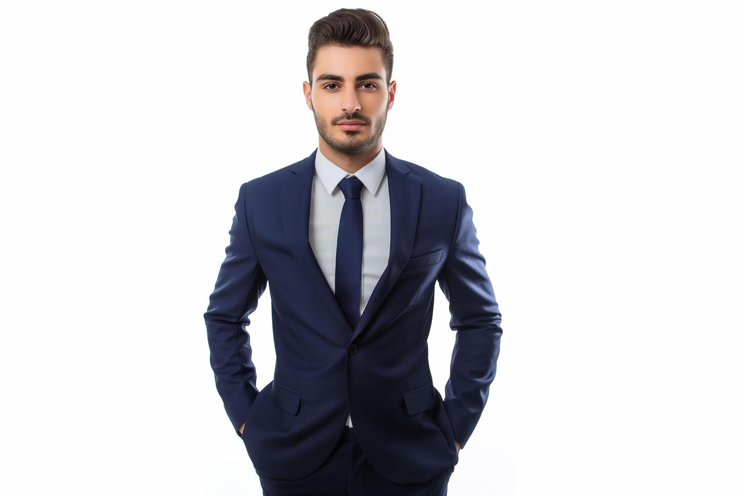 portrait de réussi Sénior homme d'affaire consultant à la recherche à caméra et souriant, souriant Jeune affaires homme dans classique noir costume, isolé sur blanc photo