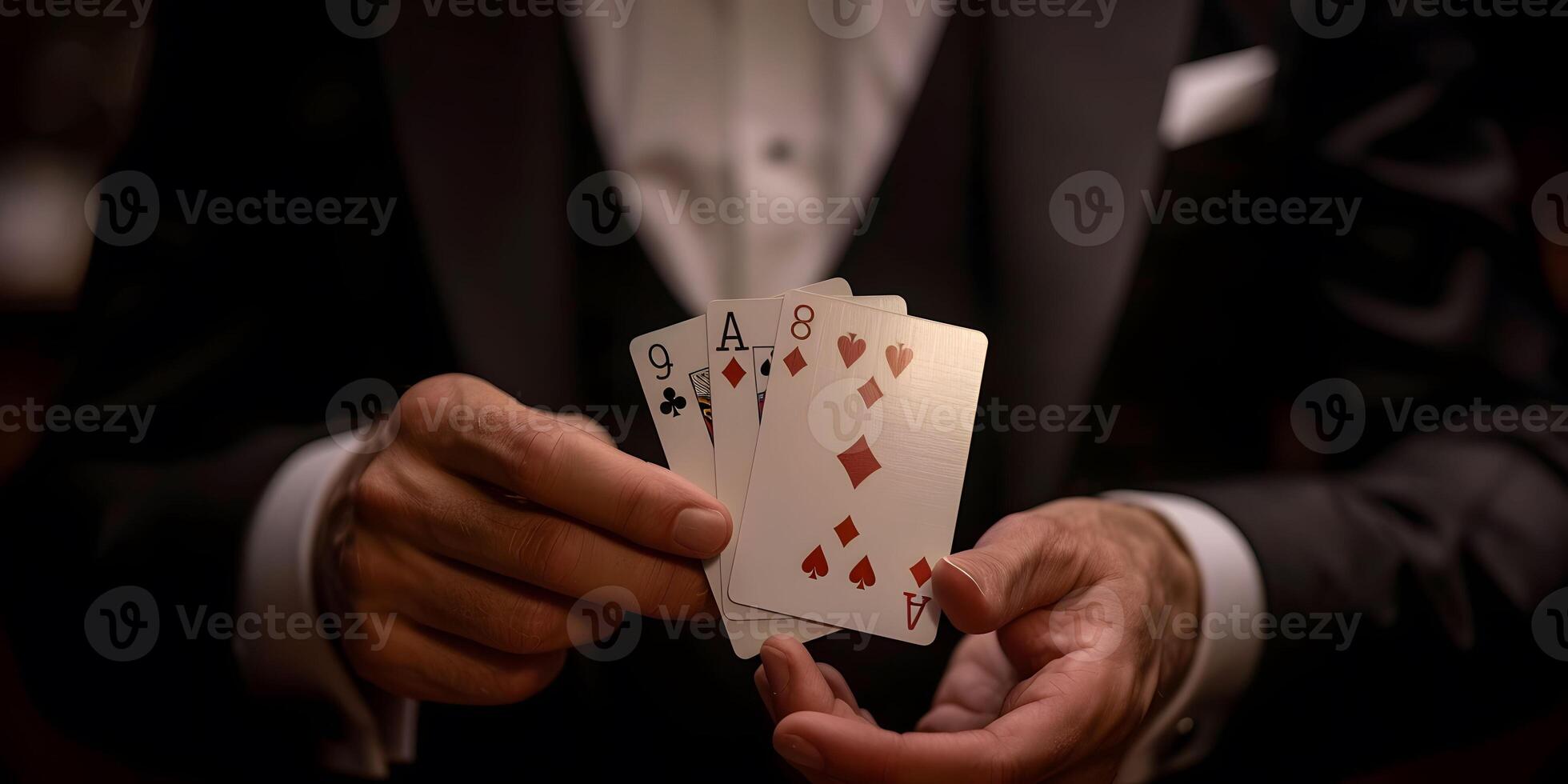 ai généré magicien spectacles tour avec en jouant cartes. tour de passe-passe de main. manipulation avec accessoires. photo