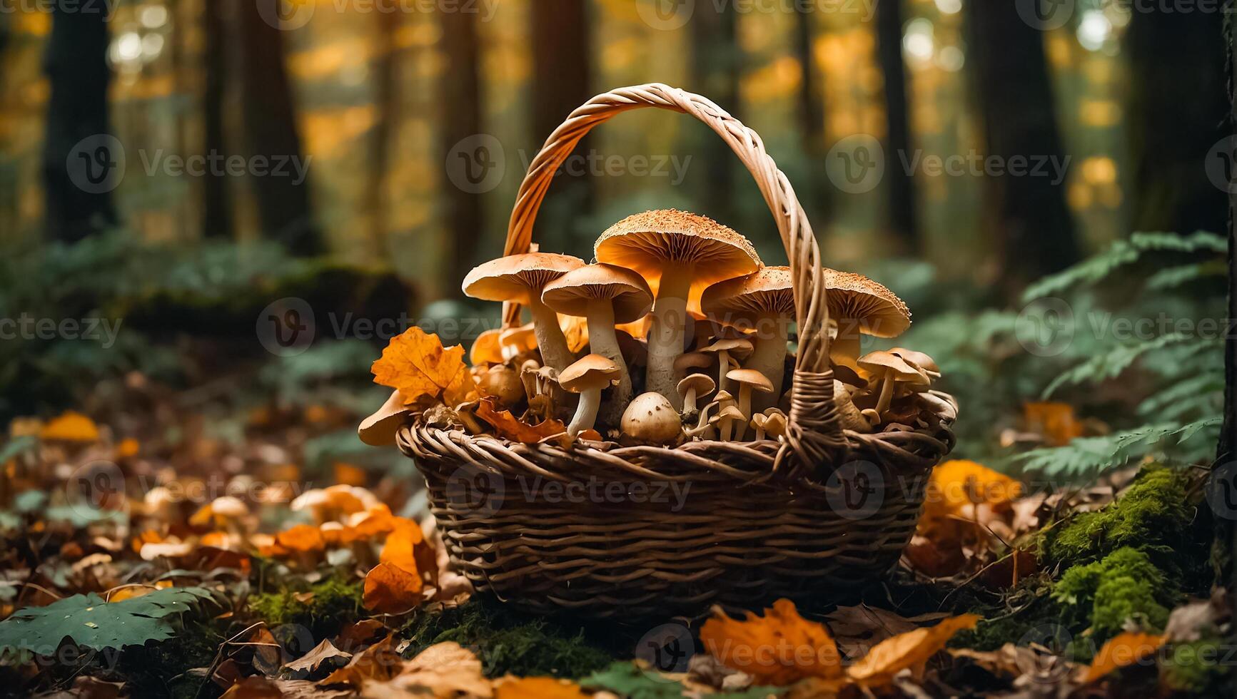 magnifique l'automne champignons dans une panier dans le l'automne forêt fermer- photo